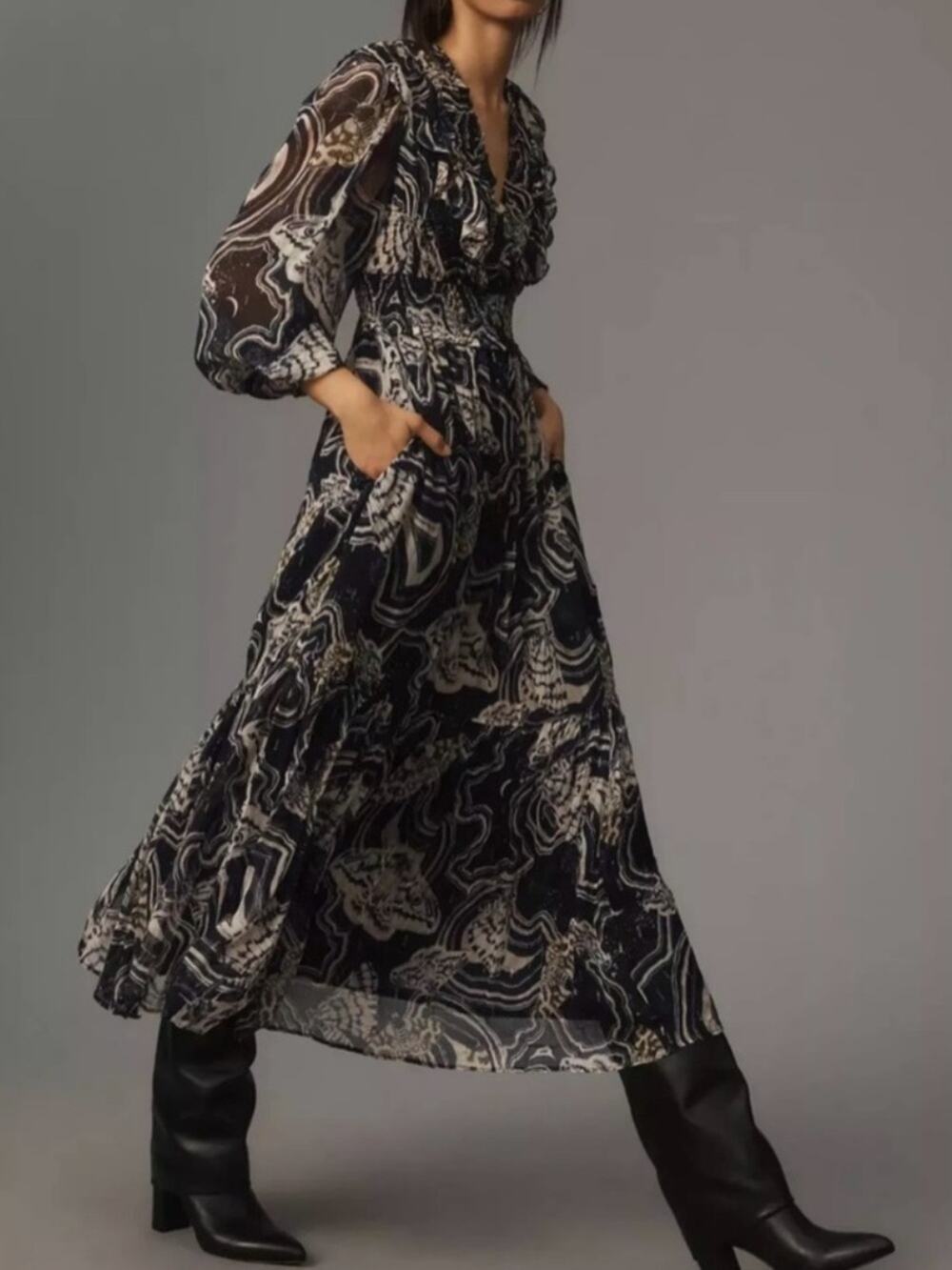 Anthropologie Printer Johnson Women’s Long Sleeve V Neck Textured Midi Dress